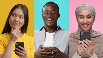 Poster - Three individuals of diverse backgrounds interact with their smartphones, expressing various emotions against vibrant, contrasting backgrounds.