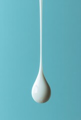 Poster - Smooth white liquid drop suspended in air against a vibrant blue background, symbolizing purity and freshness, ideal for creative projects and advertising
