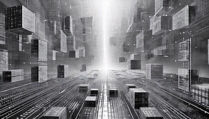 Blockchain technology concept with Information blocks numbers and codes in digital space