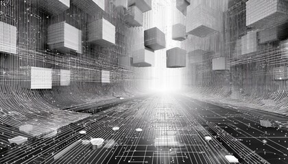 Blockchain technology concept with Information blocks numbers and codes in digital space