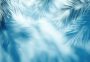 Poster - Soft Blue Background with Palm Leaves Creating an Ethereal and Tropical Atmosphere Ideal for Design and Relaxation Themes