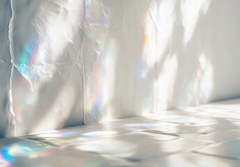 Poster - Soft Light Reflections with Colorful Patterns on Textured White Wall and Floor in a Serene and Minimalistic Interior Space