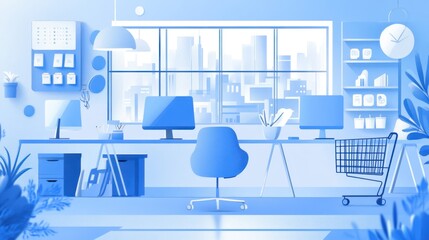 Poster - Modern minimalist office interior with city view. Possible use Stock photo
