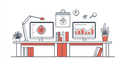 Poster - Modern office workspace with computers and graphs, for presentations or articles about productivity
