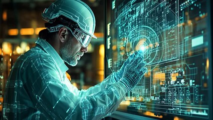 Aufkleber - In a futuristic lab, an engineer utilizes advanced technology to conduct intricate digital analyses. The room is illuminated by glowing screens, showcasing detailed schematics and data flows.