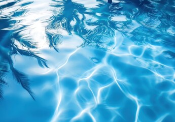 Poster - Tranquil Reflection of Tropical Palm Leaves on Crystal Clear Blue Swimming Pool Water Surface with Gentle Waves and Sunlight Play