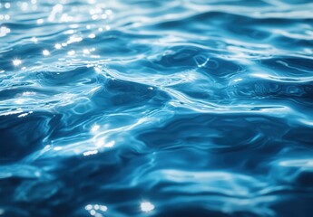 Poster - Tranquil rippling water surface reflecting sunlight, showcasing vibrant blue hues and shimmering highlights for a serene aquatic ambiance.