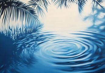 Poster - Tranquil Water Surface with Ripples and Tropical Palm Leaves Silhouetted Against Soft Blue Background