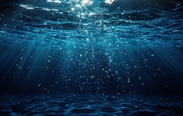 Poster - Underwater Scene Emphasizing Glimmering Sunlight Through Water Surface with Bubbles and Rays Creating a Serene Atmosphere
