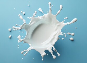 Poster - White Milk Splash on Blue Surface Captured in High Definition Perfect for Food, Beverage, and Culinary Content Creation, Presentations, and Advertisements