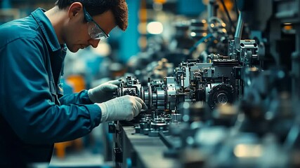 Poster - A dedicated mechanic focuses intently on disassembling intricate machinery in a well-equipped workshop filled with tools and parts. Surroundings buzz with activity and craftsmanship.