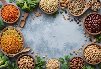 Poster - Legumes And Nuts. Bowls Displaying Lentils. Diverse Beans. A Balanced. Organic Composition. Fresh Ingredients. Healthy Food Choice. Natural Light Accentuating Colors. Preparation. Nutrition.