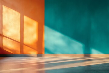 Poster - Bright Sunlight Illuminates Teal and Orange Walls Modern Minimalist Interior Design Room Sunlight Shadows Empty Space Home Decor Apartment Studio     