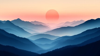 Wall Mural - blue layered mountains with a setting sun in the evening sky