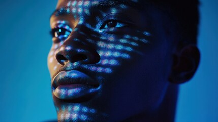 Poster - close up portrait of a young man with a projected digital pattern on his face, symbolizing the fusio