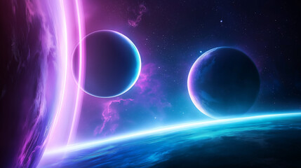 Fototapete - An otherworldly scene where neon lights intertwine with celestial bodies, creating a vibrant tapestry