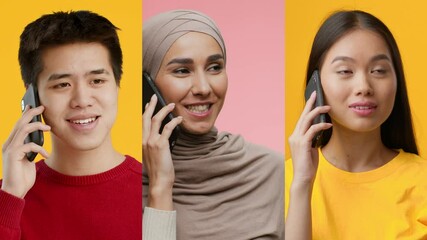 Poster - Three young adults are happily talking on their mobile phones, with each person set against bright and colorful backgrounds. Their expressions reflect engagement and joy during the calls.
