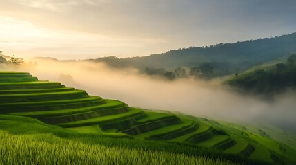 Poster - ahmadwahyuutomo776@gmail.com A foggy rice terrace landscape illuminated under glowing light, showcasing serene natural beauty in a rural setting.