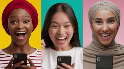 Poster - Three diverse individuals display excitement while checking their smartphones, set against bright, colorful backgrounds that enhance their joyful expressions.