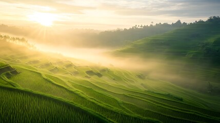 Poster - ahmadwahyuutomo776@gmail.com A fog-covered rice terrace glowing under soft light, capturing serene agricultural beauty.