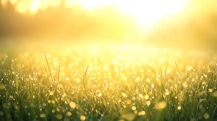 Poster - ahmadwahyuutomo776@gmail.com A foggy meadow at dawn with tiny dew drops on grass, capturing a serene natural landscape.