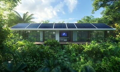 Poster - ahmadwahyuutomo776@gmail.com Futuristic smart home design featuring solar panels and modern technology in a sleek aesthetic.