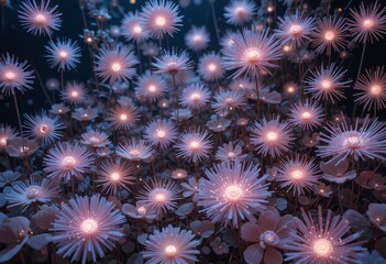 Aufkleber - Enchanting Floral Fantasy Scene. Glowing Starburst Flowers In Ethereal Deep Blue. A Magical Floral Realm. Soft Warm Light Highlights Intricate Details In Foliage. Whimsical Contrast.