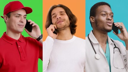 Poster - Three individuals in vibrant outfits are talking on their mobile phones. Each person stands against a different background color, enhancing the lively atmosphere of the moment.
