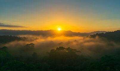 Aufkleber - ahmadwahyuutomo776@gmail.com A breathtaking golden sunrise illuminating a foggy tropical landscape.
