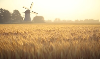 Poster - ahmadwahyuutomo776@gmail.com A scenic image of a golden wheat field featuring a windmill under clear skies.