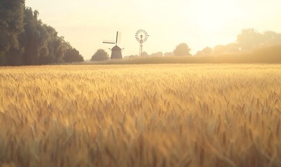 Poster - ahmadwahyuutomo776@gmail.com A scenic golden wheat field with a windmill captures the essence of rural beauty and tranquility.
