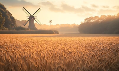 Poster - ahmadwahyuutomo776@gmail.com A scenic view of a golden wheat field featuring a windmill under clear skies.