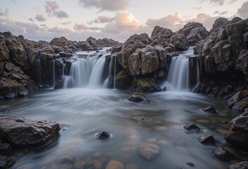 Poster - Ethereal Waterfall Scenery. Golden Hour Splendor. Water Cascading Down Dark Rocks. Mossy Stones And Warm Light Create A Calming Scene. Beautiful Landscape For Relaxation, Reflection, And Adventure.