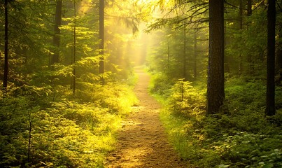 Aufkleber - ahmadwahyuutomo776@gmail.com A serene forest path bathed in soft golden light, inviting exploration and tranquility.