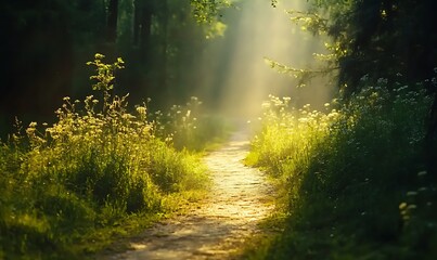 Poster - ahmadwahyuutomo776@gmail.com A serene forest path illuminated by soft golden light, creating a tranquil atmosphere.