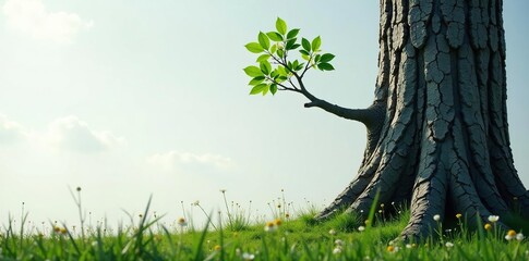 Wall Mural - Single branch leaning against a grey tree trunk, tree, landscape