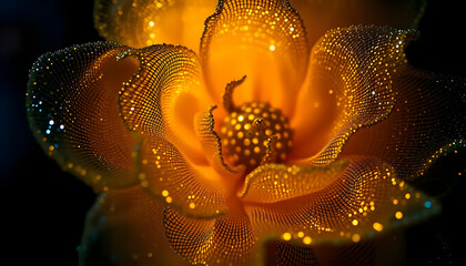 An abstract close up photograph of a luminous golden flower