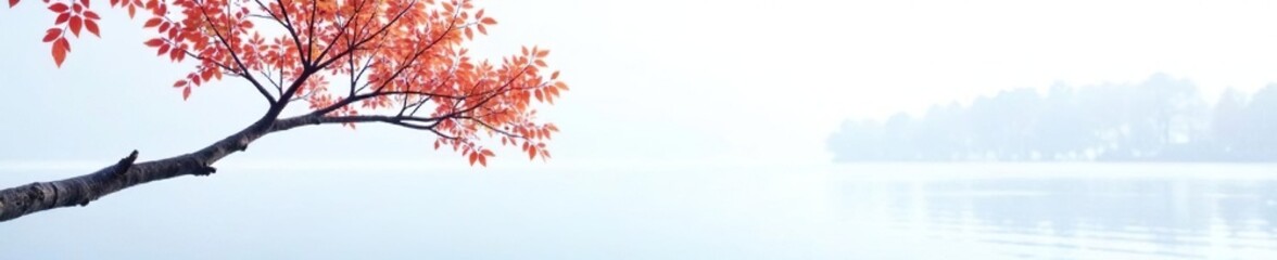Wall Mural - A solitary branch of a deciduous tree hanging over a frozen lake on white background, lake, branches