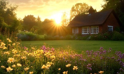 Poster - ahmadwahyuutomo776@gmail.com A quaint countryside cottage surrounded by flowers captured in a serene landscape.