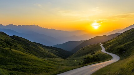 Aufkleber - ahmadwahyuutomo776@gmail.com Scenic mountain road under a golden sun, perfect for travel and nature photography.