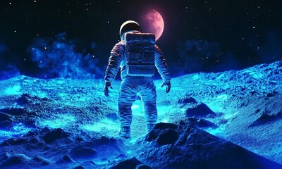 Wall Mural - astronaut exploring mysterious alien landscape under starry sky with ai generated.
