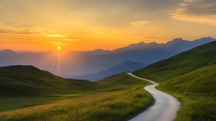 Aufkleber - ahmadwahyuutomo776@gmail.com A scenic mountain road under a golden sun, perfect for travel and nature enthusiasts.