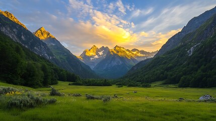 Aufkleber - ahmadwahyuutomo776@gmail.com A scenic mountain valley at sunrise with golden light illuminating the landscape.
