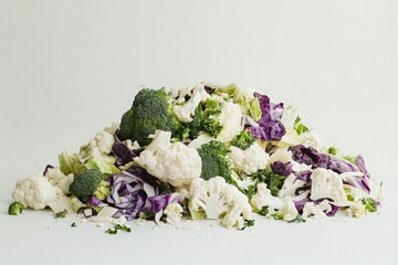 Wall Mural - A pile of vegetables including green broccoli, purple cabbage, and white Casserole cheese against a pure white background