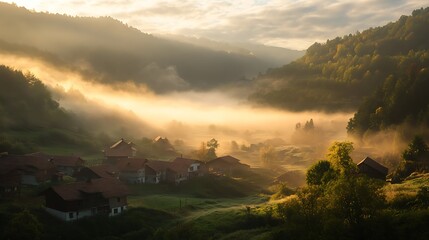 Poster - ahmadwahyuutomo776@gmail.com A tranquil morning scene of a small village nestled in a valley, showcasing natural beauty and serenity.