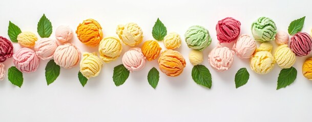 Wall Mural - An assortment of colorful ice cream scoops arranged in perfect lines on a white background