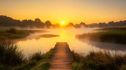 Poster - ahmadwahyuutomo776@gmail.com A foggy river scene featuring a small wooden bridge at sunrise, capturing a serene and tranquil atmosphere.