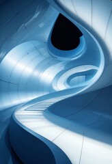 Poster - Futuristic Interior Design. Fluid Architecture Features. Smooth Blue Tones Reflect Light. A Winding Staircase Creates Depth. Innovative Style. Serene Atmosphere Draws Viewers Into This Dreamlike
