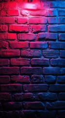 Poster - A textured brick wall is illuminated by dynamic shades of red and blue, creating an energetic atmosphere perfect for urban art or creative events. The play of light enhances the wall's character