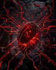 Poster - Futuristic Brain Visualization with Circuit Patterns and Red Lights